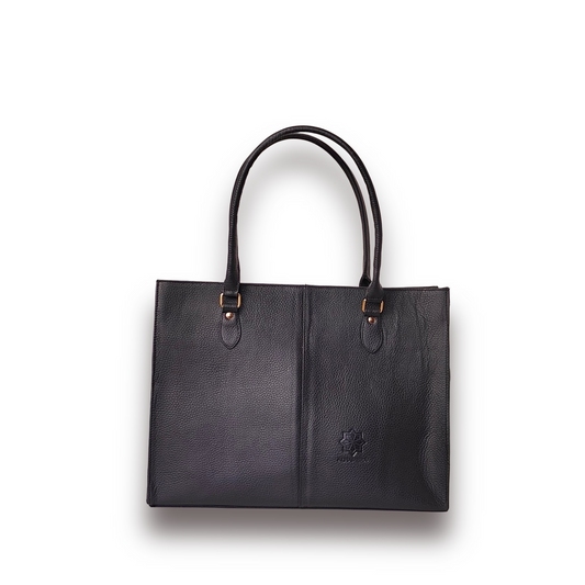A dark blue pebbled leather tote bag with double top handles and gold-tone hardware, shown flat against a white background.