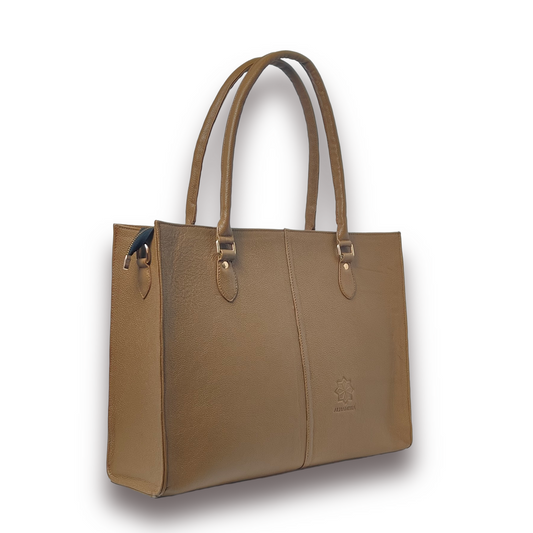 A tan textured leather tote bag with double shoulder straps, shown from a three-quarter angle against a white background.